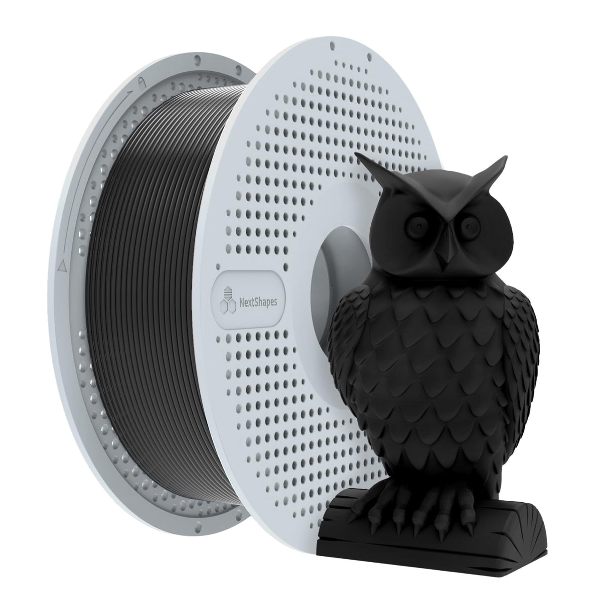 NextShapes reusable filament spool shown with black filament for reference