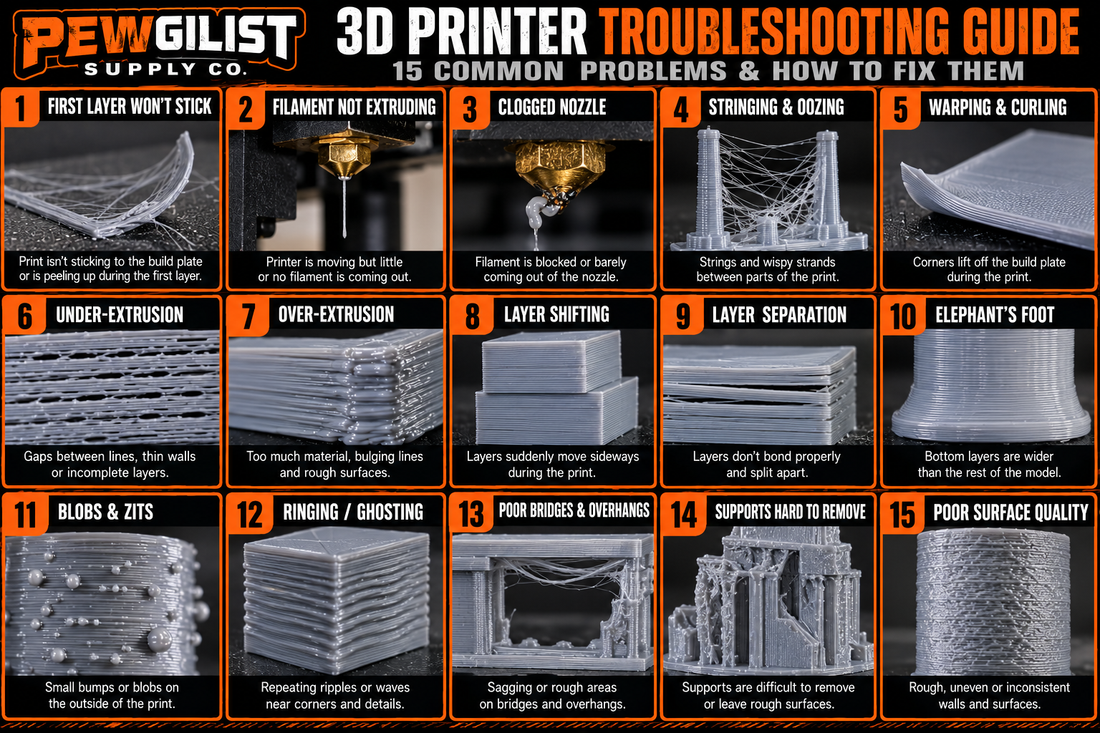 PEWgilist 3D printer troubleshooting guide showing 15 common print problems including stringing, warping, under-extrusion, layer shifting, clogged nozzles, and poor surface quality.
